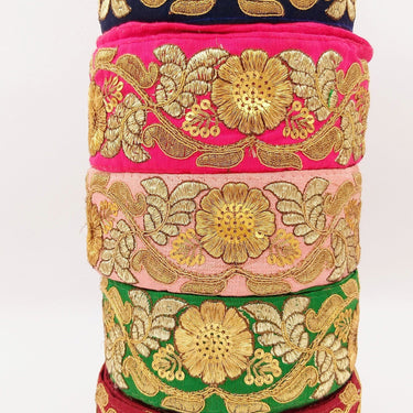 Fuchsia Pink Art Silk Trim In Gold Floral Embroidery, Gold Embroidered Flowers Border, Floral Trim